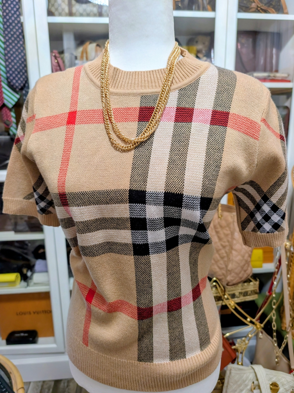 Burberry Beige Plaid Short-Sleeve Cashmere Knit Top with Red Accents